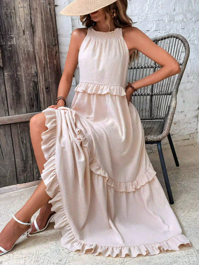 ANETA | Elegancka sukienka bez rękawów z falbankami